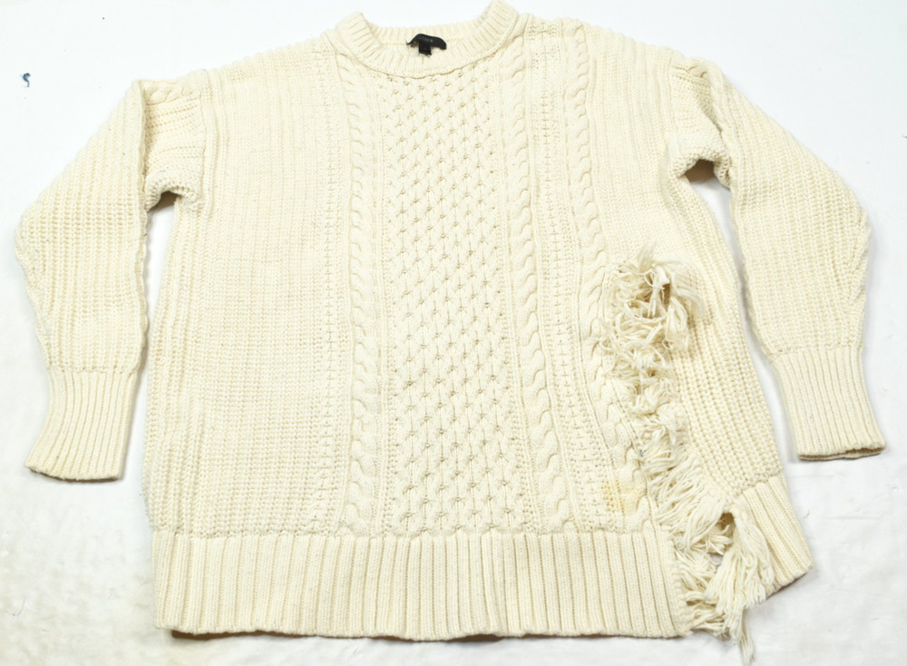 J.Crew Cableknit Fringe Sweater Womens Large Ivory Long Sleeve Pullover Sideslit